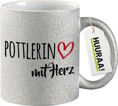 Produktbild von Huuraa Glitzertasse Pottlerin mit Herz 330ml Silber Keramik Kaffeebecher Geschenkidee