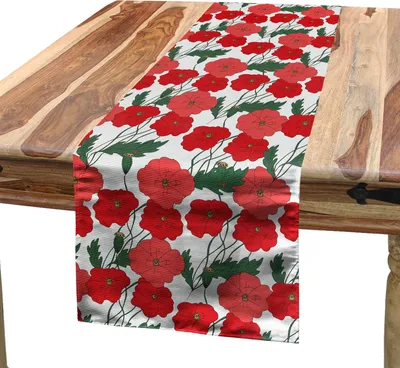 Produktbild von ABAKUHAUS Mohn Tischläufer, Zusammensetzung mit blühenden Blumen des Frühlings Hand gezeichnete Muster, 40 x 180 cm, Coral Vermilion Grün