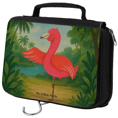 Produktbild von Mr. & Mrs. Panda Kulturtasche Flamingo Yoga Design - Weiß - Geschenk, Baum, Namaste, Kulturbeutel, Urlaub, beauty case, Make-Up Tasche, Vogel, Kosmetiktasche, Rosa, Yogi