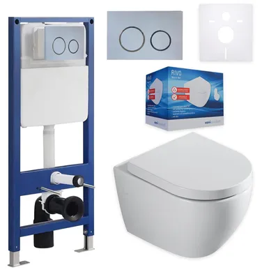 Produktbild von sanicomfort Wand WC-Set Rivo + Vorwandelement inkl. runder Betätigungsplatte hellgrau | Unterputz-Komplettset mit 2-Mengen-Spülung | modernes & pflegeleichtes WC-System