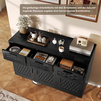 Zdjęcie produktu dla UnboxG – czarna komoda z materiałów drewnopochodnych o wzorze imitującym rattan z PVC, nowoczesna szafka z drzwiami i szufladami do salonu i jadalni