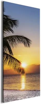 Produktbild von Wallario Premium Leinwandbild Palme am Strand - Sonnenuntergang über dem Meer in Größe 30 x 75 cm