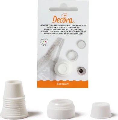 A product packaging with three white plastic adapters for piping bags, shown against a white background.