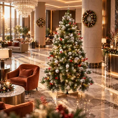 Image de LARS360 : Sapin de Noël artificiel de 225 cm, avec pied en bois et éclairage LED intégré, effet neige, décorations de pommes de pin et de baies rouges, 8 modes d'éclairage