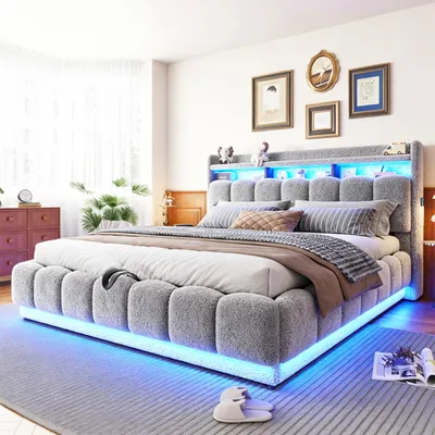 Produktbild von okwish Polsterbett 180×200 verstecktem Stauraum im Kopfteil, Jugendbett mit USB und LED,Doppelbett mit Bettkasten,Grau,ohne Matratze