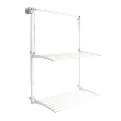 A white, two-tiered, foldable wall-mounted drying rack against a white background.
