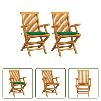 Produktbild von The Living Store Gartenstühle mit Grünen Kissen 2 Stk. Massivholz Teak