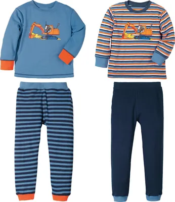 Two pairs of children's pajamas laid out flat against a white background.