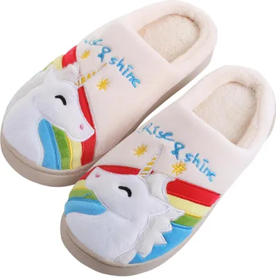 Produktbild von Kuschelige Plüsch Hausschuhe, Pantoffeln, Tier-Schlappen für Damen, Mädchen | 40/41 EU | Einhorn Regenbogen