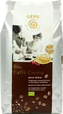 A bag of GEPA Caffè Crema whole bean coffee with an image of two people enjoying coffee.