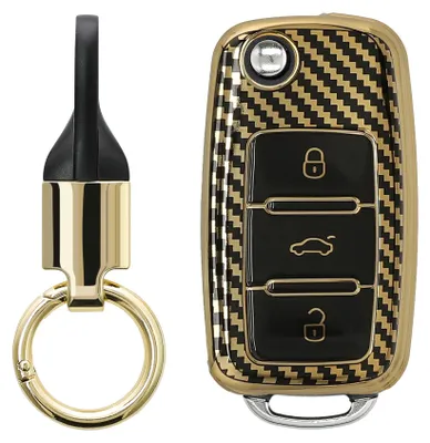 Produktbild von kwmobile Autoschlüssel Hülle kompatibel mit VW Skoda Seat 3-Tasten Autoschlüssel Hülle - Schlüsselhülle mit Key Ring Anhänger - Cover Gold Schwarz