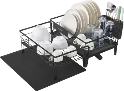Obrázek produktu pro Odkapávač na nádobí, výsuvný odkapávač na nádobí, otočný a výsuvný odtok, silikonová podložka, (31-56) x 42 x 20 cm, černý