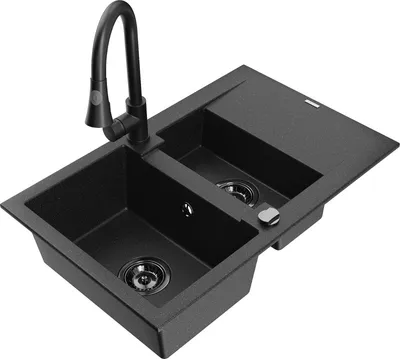Produktbild von Mexen Gaspar 1,5-Becken-Granitspüle mit Abtropffläche und Mischbatterie Elia, Schwarz/Silber - 6507-73-670101-70-B