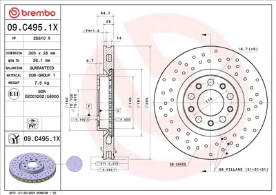 Immagine prodotto di 2x Disco freno BREMBO 09.C495.1X per ALFA ROMEO GIULIA (952_) 44 7mm 305mm