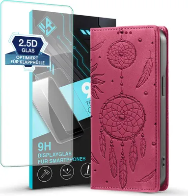 Produktbild von Handyhülle für Samsung Galaxy S26 Ultra RFID Schutz Klapphülle Case Cover Blumen Design Traumfänger Schutzhülle mit 9H Displayglas Farbe: Magenta
