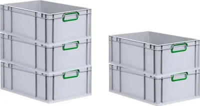 Produktbild von SparSet 5x Eurobox NextGen Color | HxBxT 22x40x60cm | 44 Liter | Griffe grün geschlossen | Verstärkter Boden | Grau | Eurobehälter, Transportbox, Transportbehälter, Stapelbehälter