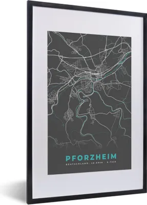 Produktbild von MuchoWow® Gerahmtes Poster Stadtplan - Karte - Pforzheim - Blau - Deutschland - Karte 40x60 cm - Poster mit Schwarzem Bilderrahmen Wandposter Rahmen Foto Bilder - Poster in Rahmen