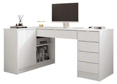 Produktbild von MIRJAN24 Eckschreibtisch / Schminktisch Tireno mit 5-Schubladen, Fronten gefräst, Aluminiumgriffe in der Farbe Gold (Farbe: Weiß Velvet)