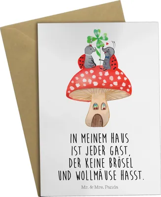 Produktbild von Mr. & Mrs. Panda Grußkarte Marienkäfer Fliegenpilz - Weiß - Geschenk, weihnachtskarten, hochzeitskarten, Grußkarten, Haus, Lustige Sprüche, einladungskarten, Klappkarte