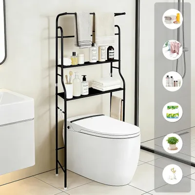 Produktbild von WC Regal über Toilette Mit Handtuchstange Metall Badregale 160x46x25cm Standregal Schwarz