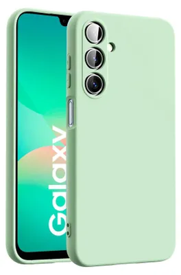 A light green phone case is shown next to a smartphone.