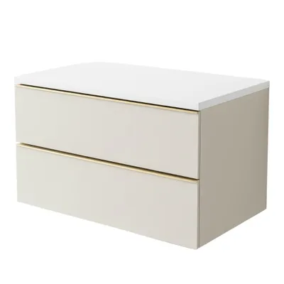 Produktbild von Waschbeckenunterschrank ONE 2 große Schubladen Kaschmir hängend Badmöbel Badezimmer 80x50x46 goldene Griffe Badezimmermöbel