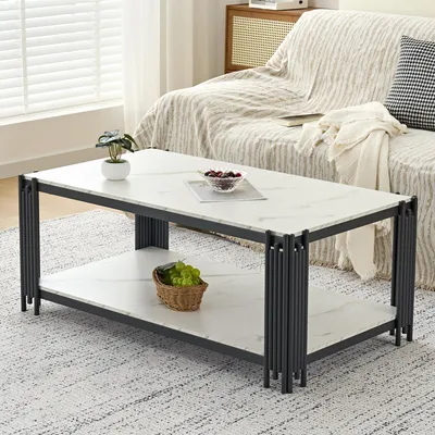 Productafbeelding van Salontafel, marmerlook, metalen poten, wit-zwart, 114x64x46 cm