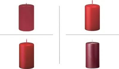 Produktbild von Stumpenkerzen Farbsystem B in der Größe 100/60 mm (H x D), 16 Stück (je 4 Kerzen in der Farbe rot - erdbeere - rotbraun - bordeaux)