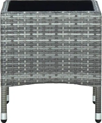 A close-up, front-facing view of a grey poly rattan side table with a black top, set against a white background.