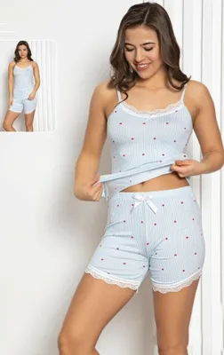 Produktbild von Damen Pyjama Schlafanzug Hellblau L Shorty Kurz %100 Viskose 2 Teiler M-84