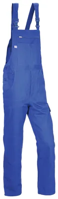A pair of blue overalls is shown against a white background.