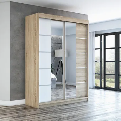Produktbild von Schwebetürenschrank Kleiderschrank ERA 160 cm Schrank Garderobe Spiegel.Verschiedene Farben (Weiß, Schwarz, Somona). Möbel vom Hersteller!