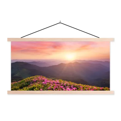 Produktbild von MuchoWow® Textilposter Blumen - Berg - Sonnenuntergang - Landschaft 120x60 cm mit holzfarbenen Rahmen - Klemmleiste