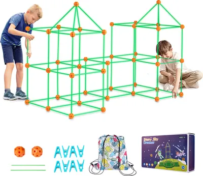Produktbild von SucceBuy 140-teiliges, im Dunkeln leuchtendes Festungsbauset für Kinder, MINT-Spielzeug, pädagogisches Geschenk für 4- bis 8-Jährige, Spielzelt-Set für drinnen und draußen mit 96 Stäben und 44 Bällen