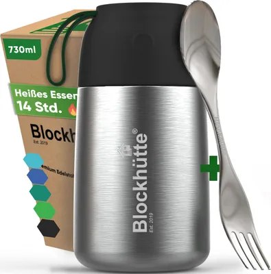 Produktbild von Blockhütte Thermobehälter für Essen 730 ml Schwarz | Edelstahl Warmhaltebehälter Auslaufsicher, Thermo Essensbehälter mit Göffel, 14h Heiß, Suppen