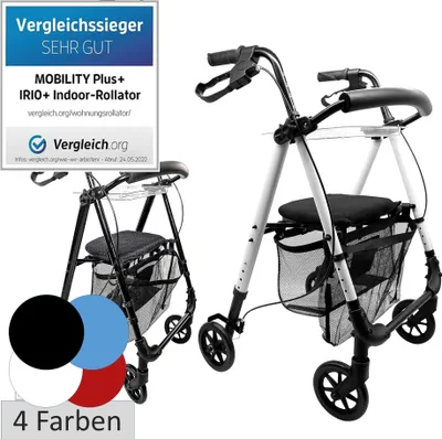 Produktbild von Leichter Indoor Rollator IR10+ Schwarz - Wohnungsrollator schmal & faltbar - inkl. Rückengurt, Netztasche & Tablett - MOBILITY PLUS+