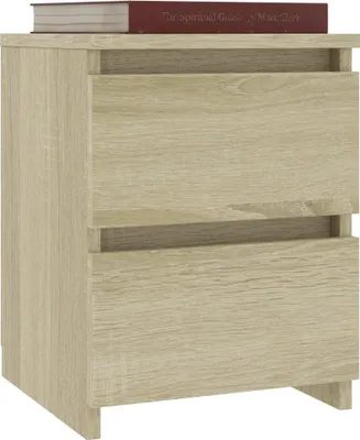 A wooden nightstand with two drawers against a white background.