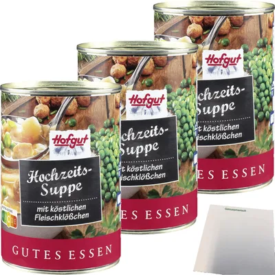 Produktbild von Hofgut Hochzeitssuppe mit Fleischklößchen 3er Pack (3x400ml Dose) + usy Block