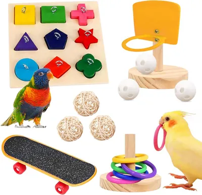 Imagen del producto de Juguete para loros, juego de 4 piezas, hecho de madera natural, ideal para loros y periquitos