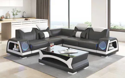 Produktbild von Eckgarnitur Ecksofa L Form Ledersofa Sofa Couch Schwarz Luxus Design Couchen