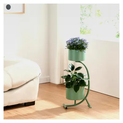 Produktbild von Blumenständer in Halbmondform mit 2 Pflanztöpfen aus Metall 63x29x21cm Grün