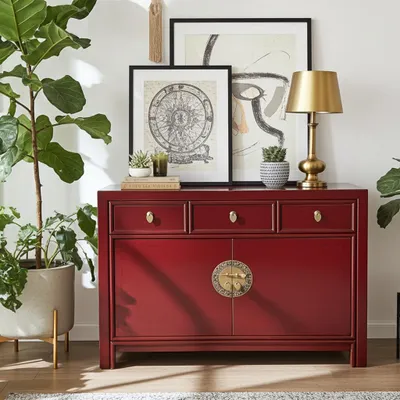 Produktbild von OPIUM OUTLET Chinesische Kommode Asia Sideboard orientalischer Schrank asiatische Vintage Möbel Anrichte Hochzeitsschrank komplett montiert rot