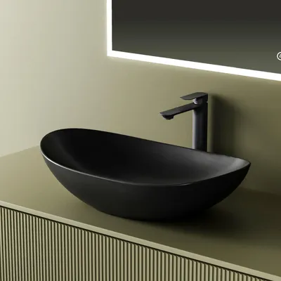 Image de EMKE Lavabo à poser en céramique - Design ovale en noir mat 61.5 x 36 x 15.5 cm - Idéal pour robinetterie haute