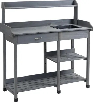 Image de Outsunny Table de rempotage multi-šŠquipšŠe table de jardinage avec tiroir, 3 šŠtagššres, šŠvier, 3 crochets - table de plantation bois sapin pršŠ-huilšŠ gris