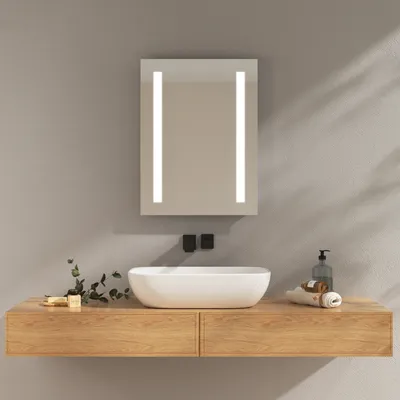 Image de EMKE Miroir de salle de bain avec éclairage LED Lumière blanche froide et chaude, miroir de salle de bain Fonction anti-buée Interrupteur à bouton Miroir mural
