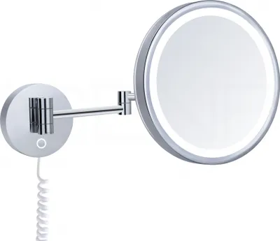 A wall-mounted LED cosmetic mirror with an adjustable arm.