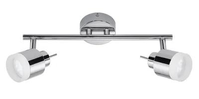 A chrome finished LED ceiling spotlight with two adjustable heads, shown against a white background.