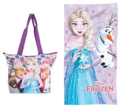Produktbild von Unyqoos® Frozen Strand-Set – Mikrofaser-Strandtuch 70×140 cm & Strandtasche 47×33×15 cm mit Elsa, Anna & Olaf, schnell trocknend, ideal für Strand & Schwimmbad
