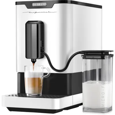 Espressomaschine, 19 bar, Bohnenmühle, Milchaufschäumer, kompakt, weiß