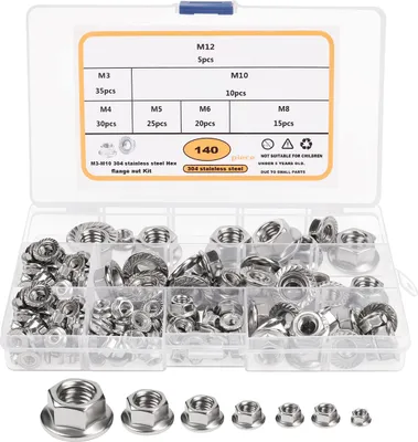 Produktbild von Belle Vous 140 Stück Edelstahl Muttern Set - M3, M4, M5, M6, M8, M10 & M12 Mutter - Sechskant-Sicherungs-Muttern Sortiment mit Aufbewahrungsbox -